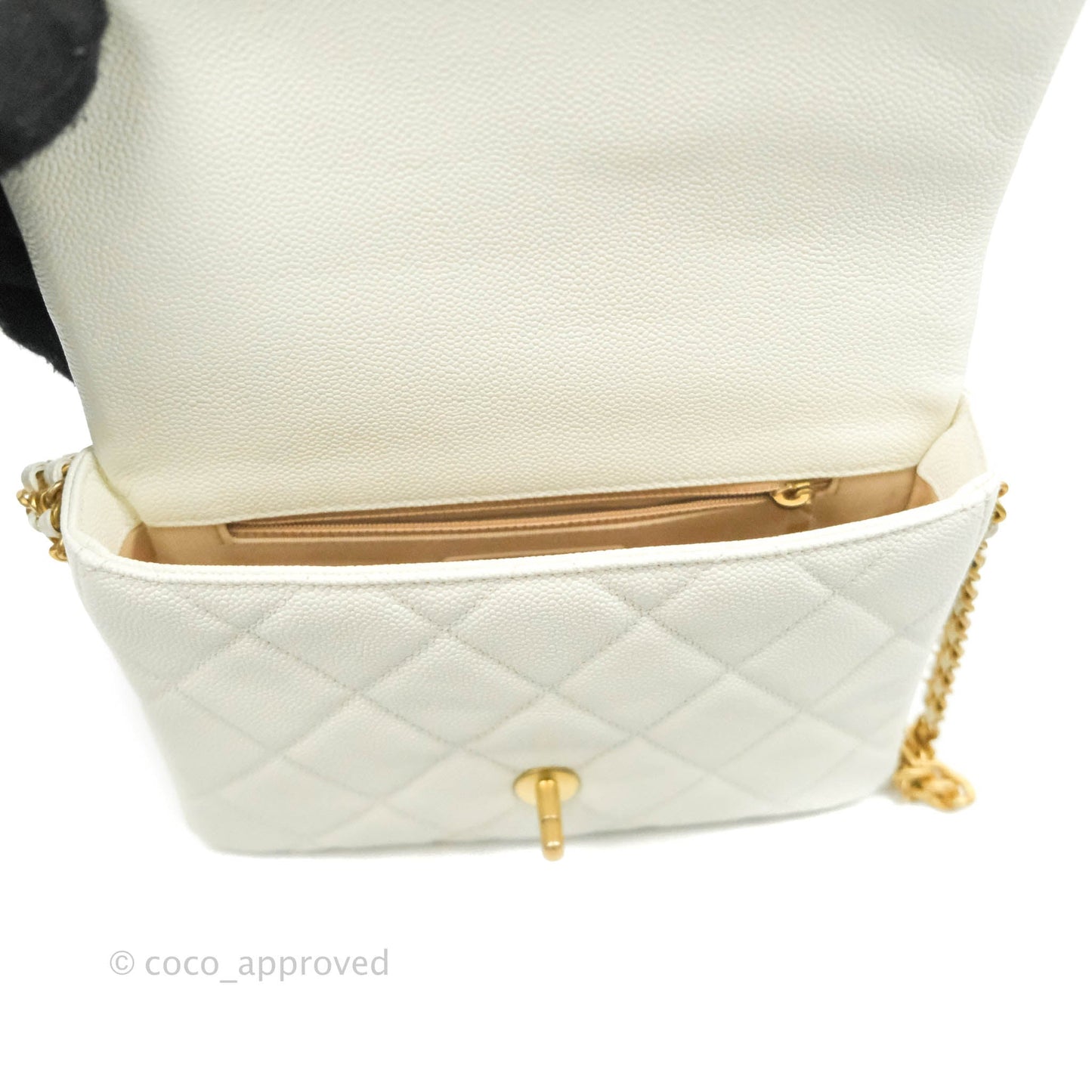 Chanel Small Quilted Melody Flap White Caviar Aged Gold Hardware 22P