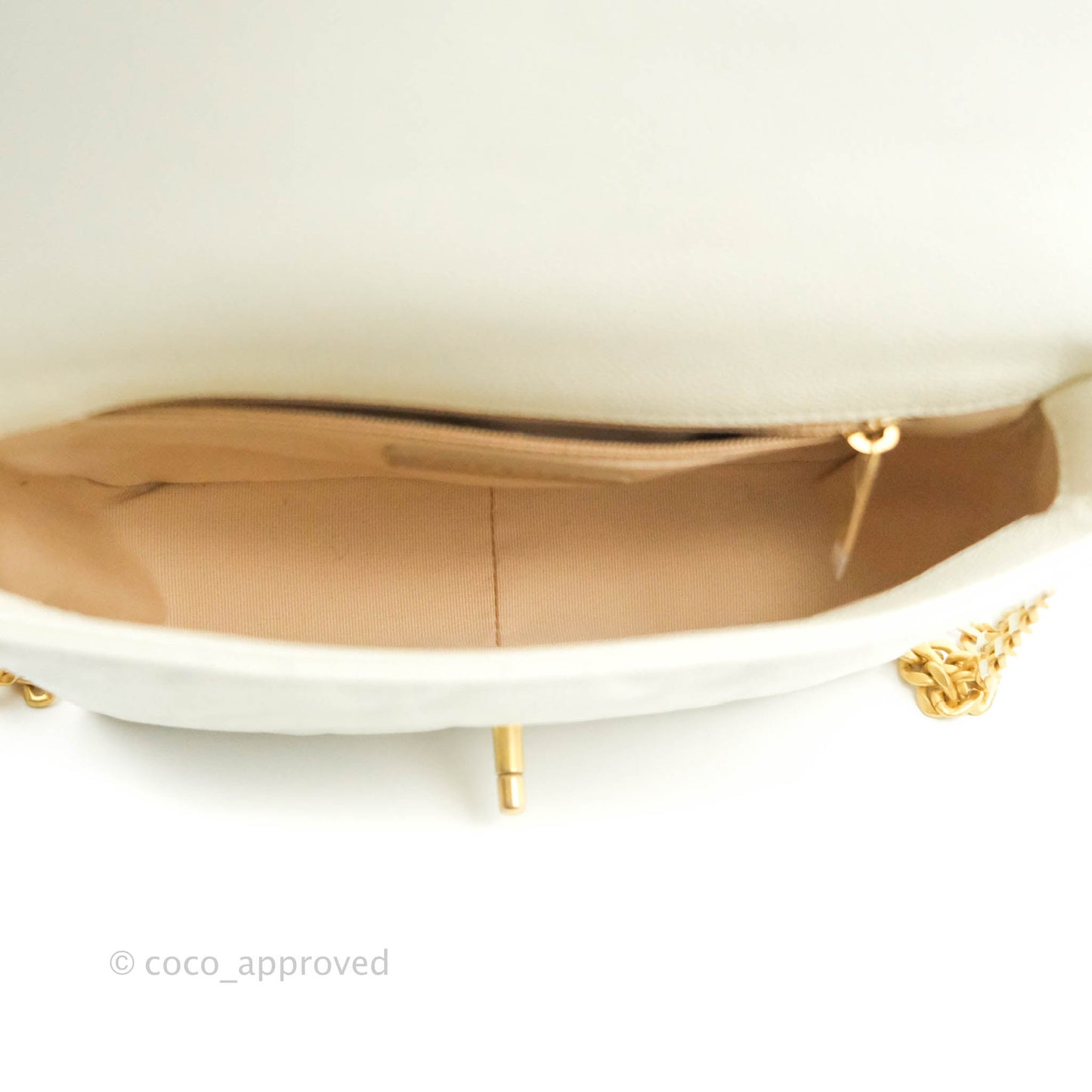 Chanel Small Quilted Melody Flap White Caviar Aged Gold Hardware 22P