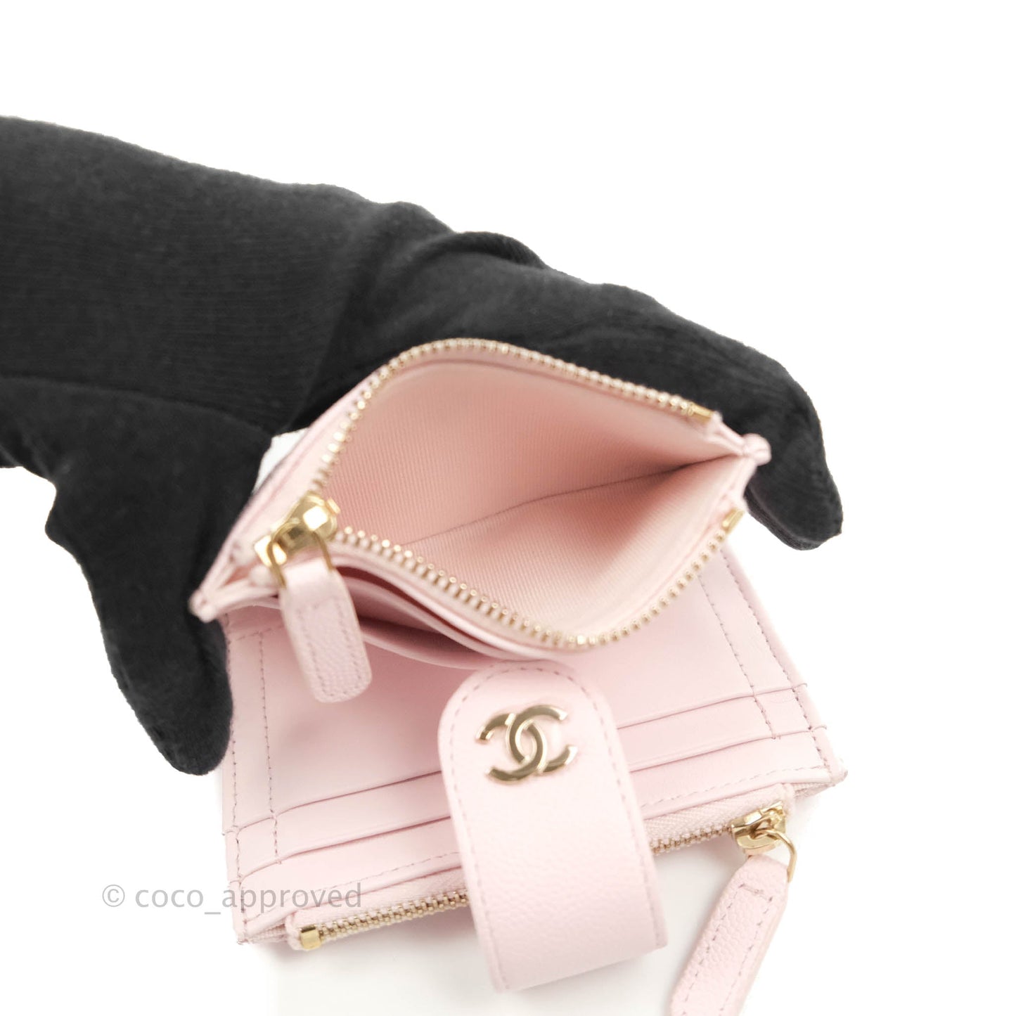 Chanel Folded Double Zip Coin Case Card Pink Caviar Gold Hardware
