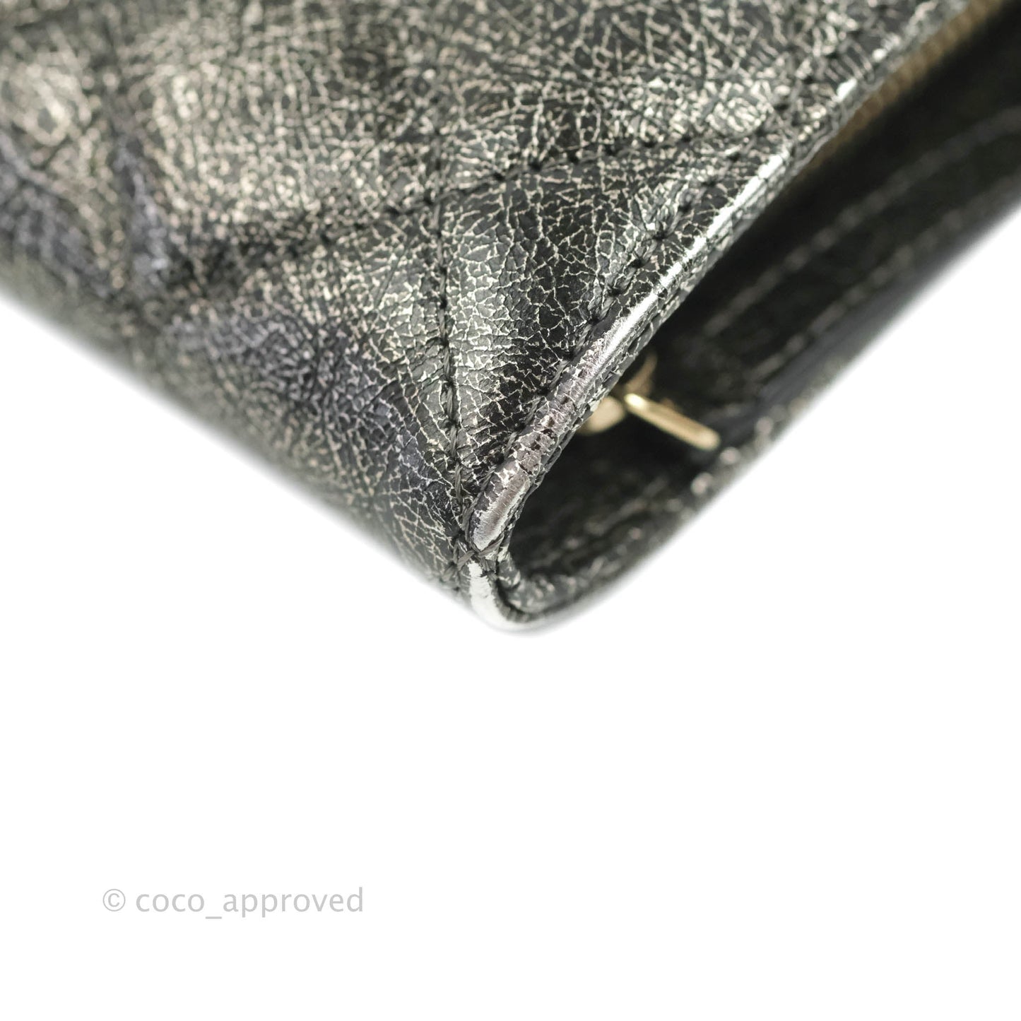 Chanel Cracked Metallic Calfskin Quilted Zip Away Chain Clutch Dark Silver Aged Gold Hardware