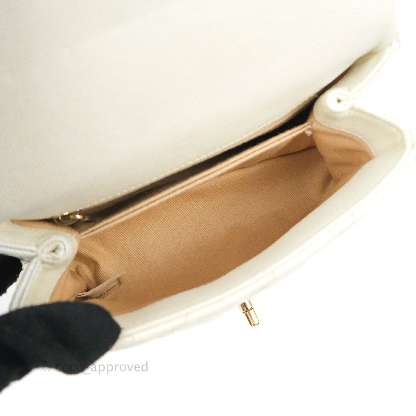 Chanel Mini Coco Handle Quilted Iridescent Pearl White Caviar Gold Hardware