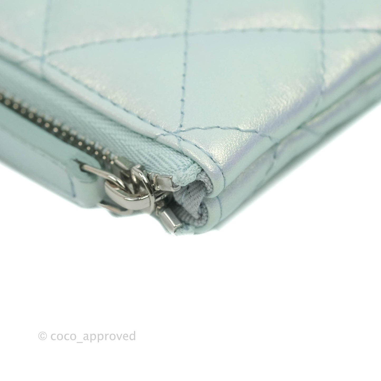 Chanel Mini Quilted O Case Iridescent Light Blue Calfskin Silver Hardware