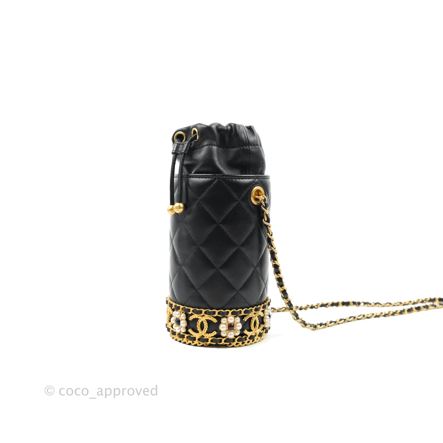 Chanel Quilted Drawstring Pearl Flower Bucket Bag Black Lambskin Aged Gold Hardware