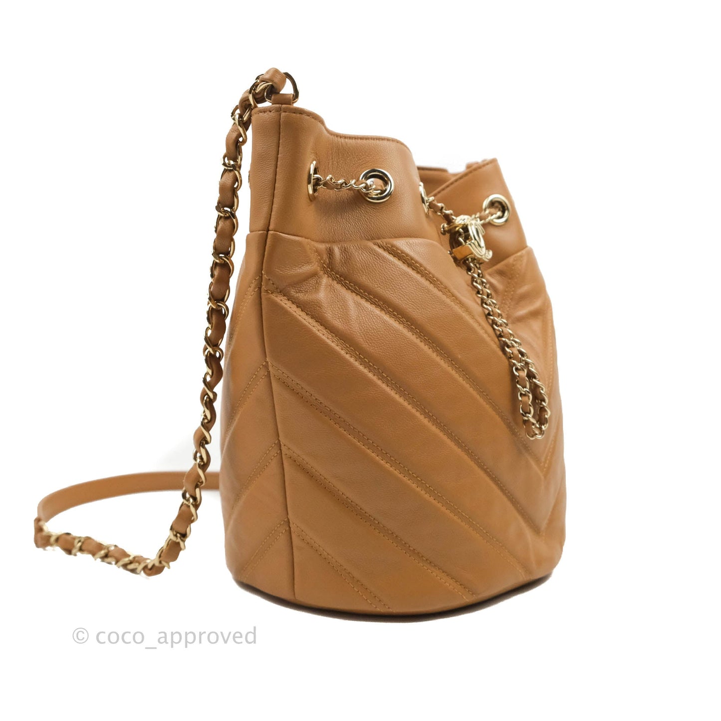 Chanel Chevron Bucket Drawstring Bag Caramel Gold Hardware
