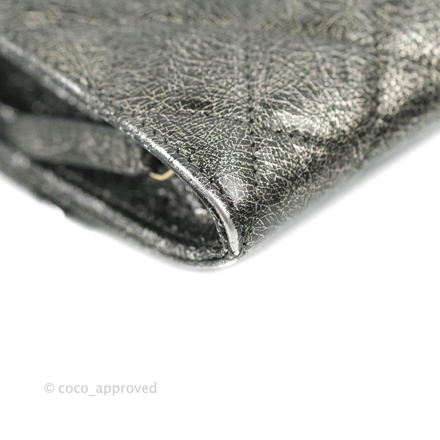 Chanel Cracked Metallic Calfskin Quilted Zip Away Chain Clutch Dark Silver Aged Gold Hardware