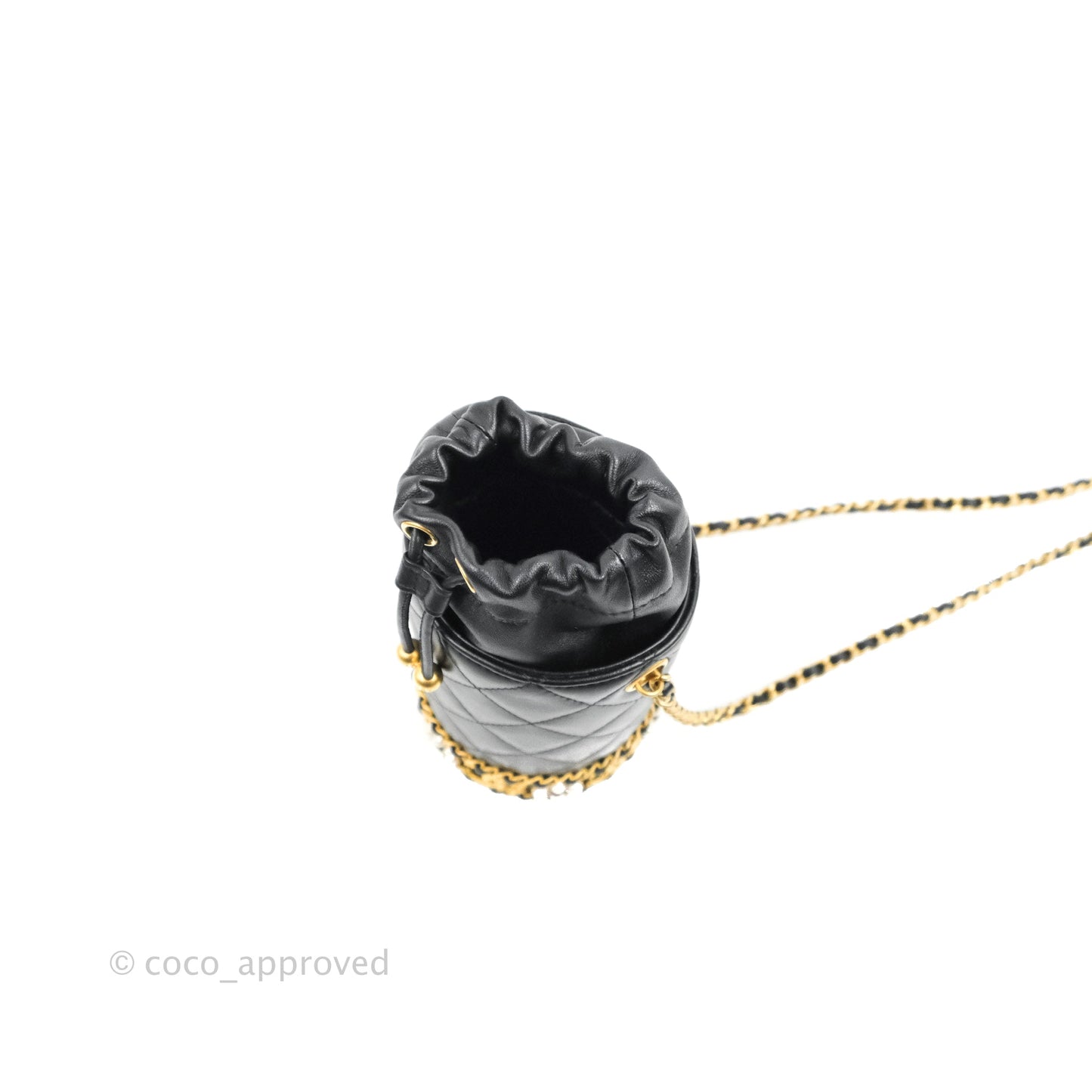 Chanel Quilted Drawstring Pearl Flower Bucket Bag Black Lambskin Aged Gold Hardware