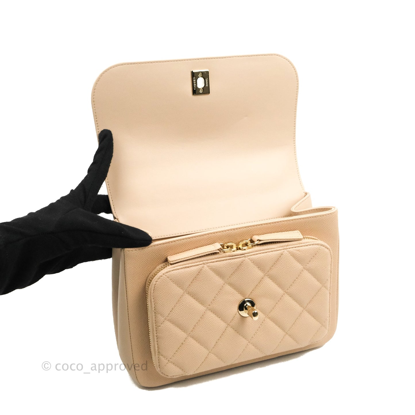 Chanel Quilted Medium Business Affinity Flap Light Beige Caviar Gold Hardware