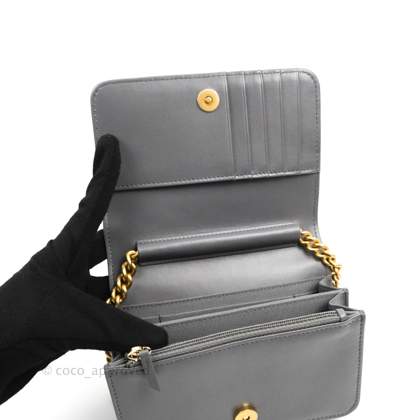 Chanel Quilted Mini Boy Wallet on Chain WOC Dark Grey Caviar Aged Gold Hardware