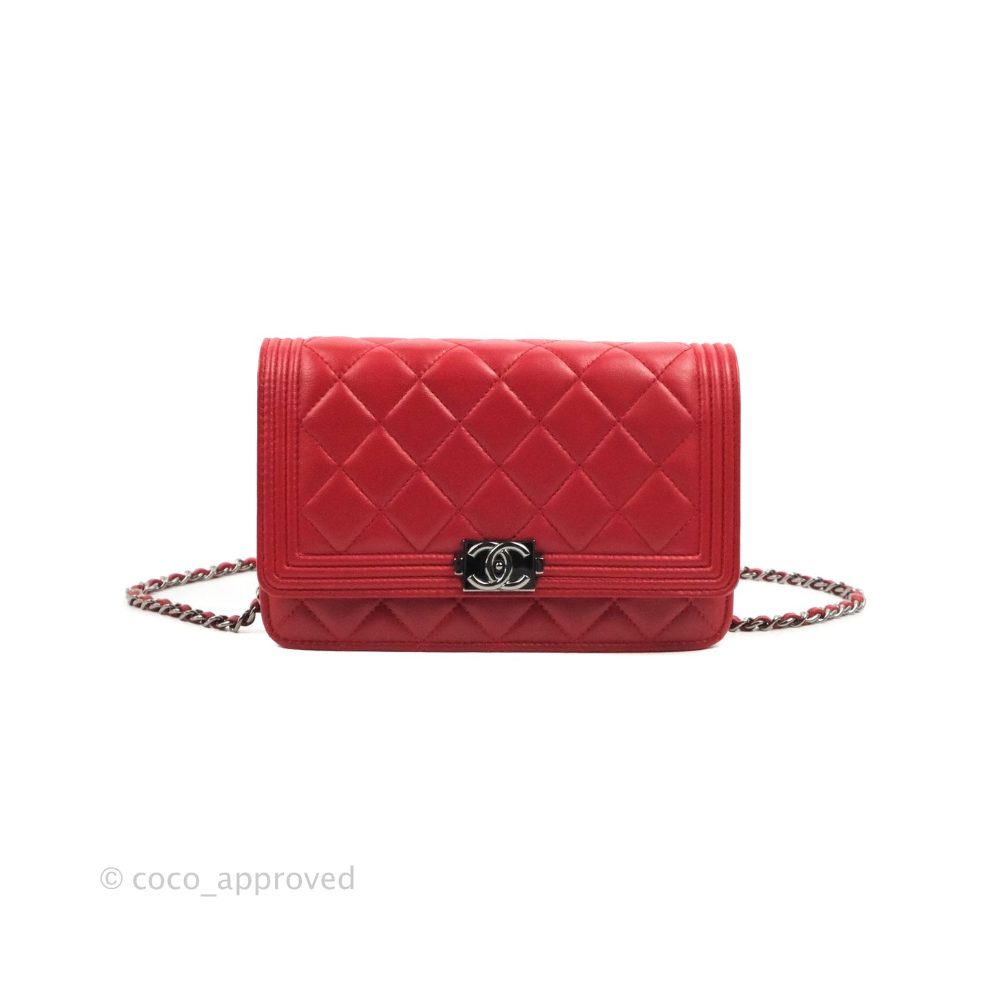 Chanel Boy Wallet on Chain WOC Red Lambskin Dark Silver Hardware