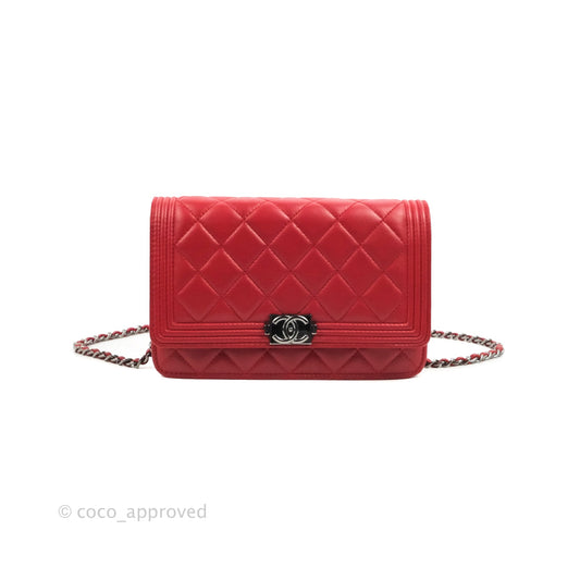 Chanel Boy Wallet on Chain WOC Red Lambskin Dark Silver Hardware