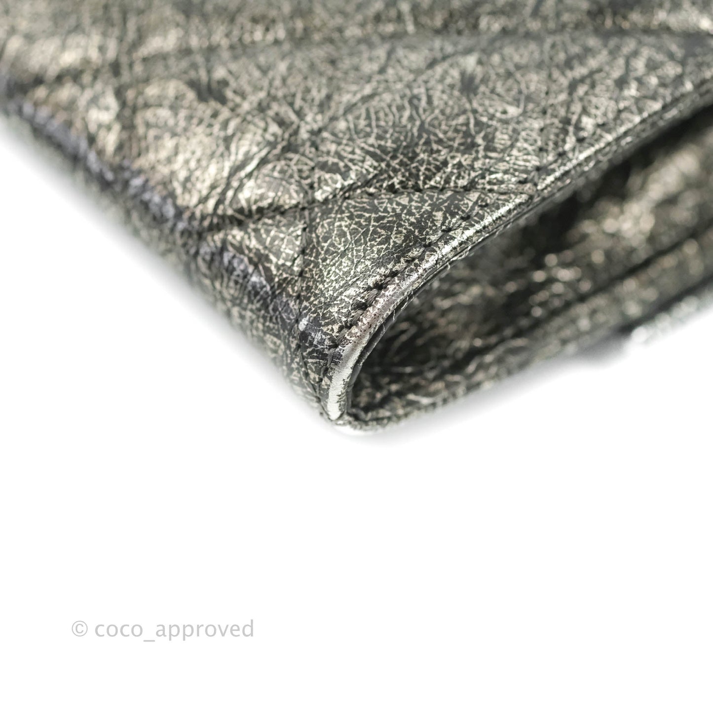 Chanel Cracked Metallic Calfskin Quilted Zip Away Chain Clutch Dark Silver Aged Gold Hardware