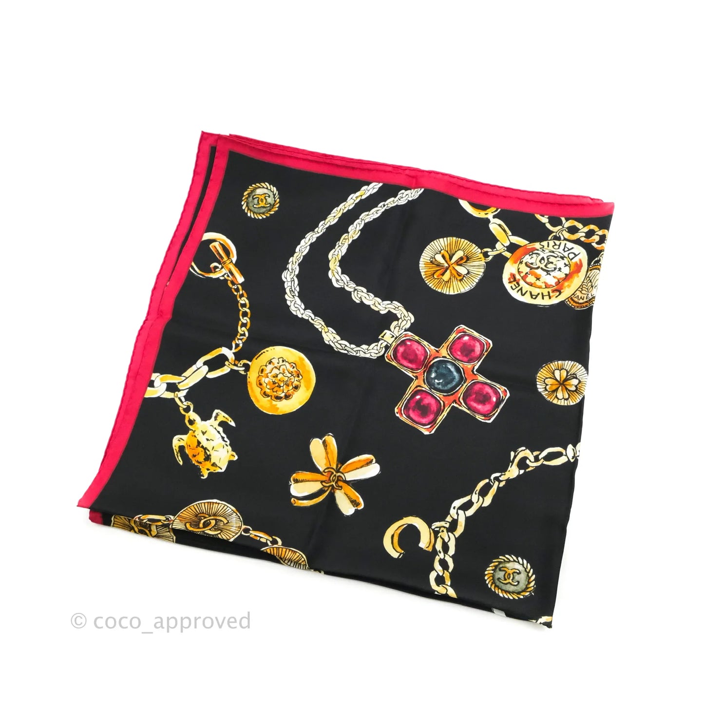 Chanel Square Silk Scarf Pink, Gold & Black