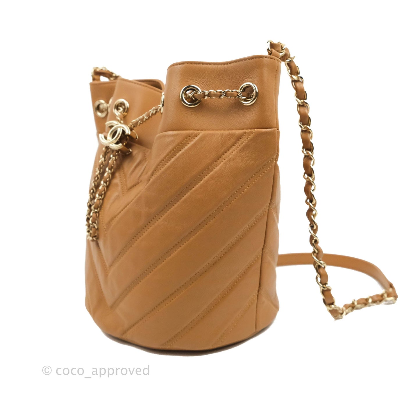 Chanel Chevron Bucket Drawstring Bag Caramel Gold Hardware