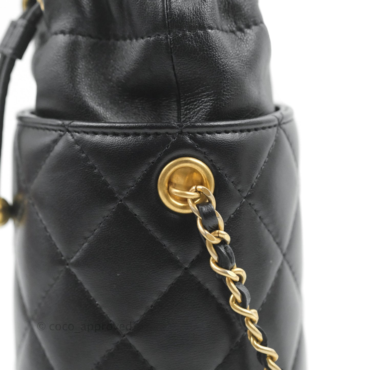 Chanel Quilted Drawstring Pearl Flower Bucket Bag Black Lambskin Aged Gold Hardware