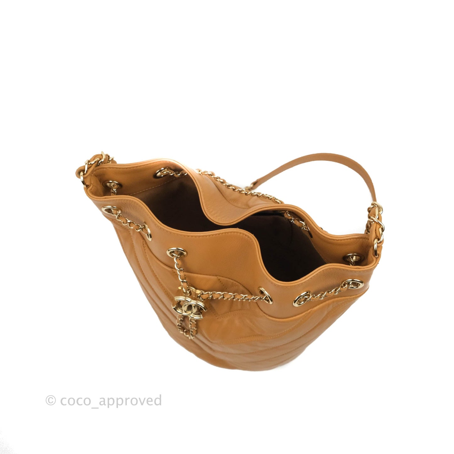 Chanel Chevron Bucket Drawstring Bag Caramel Gold Hardware