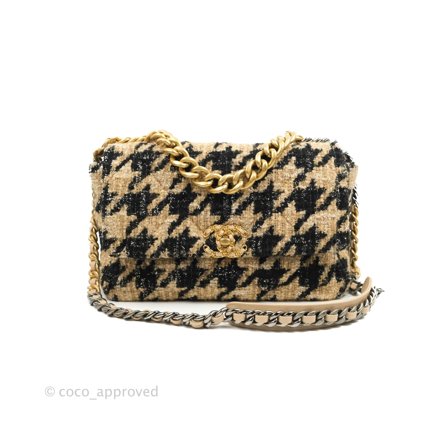 Chanel 19 Medium Tweed Houndstooth Black Beige Mixed Hardware