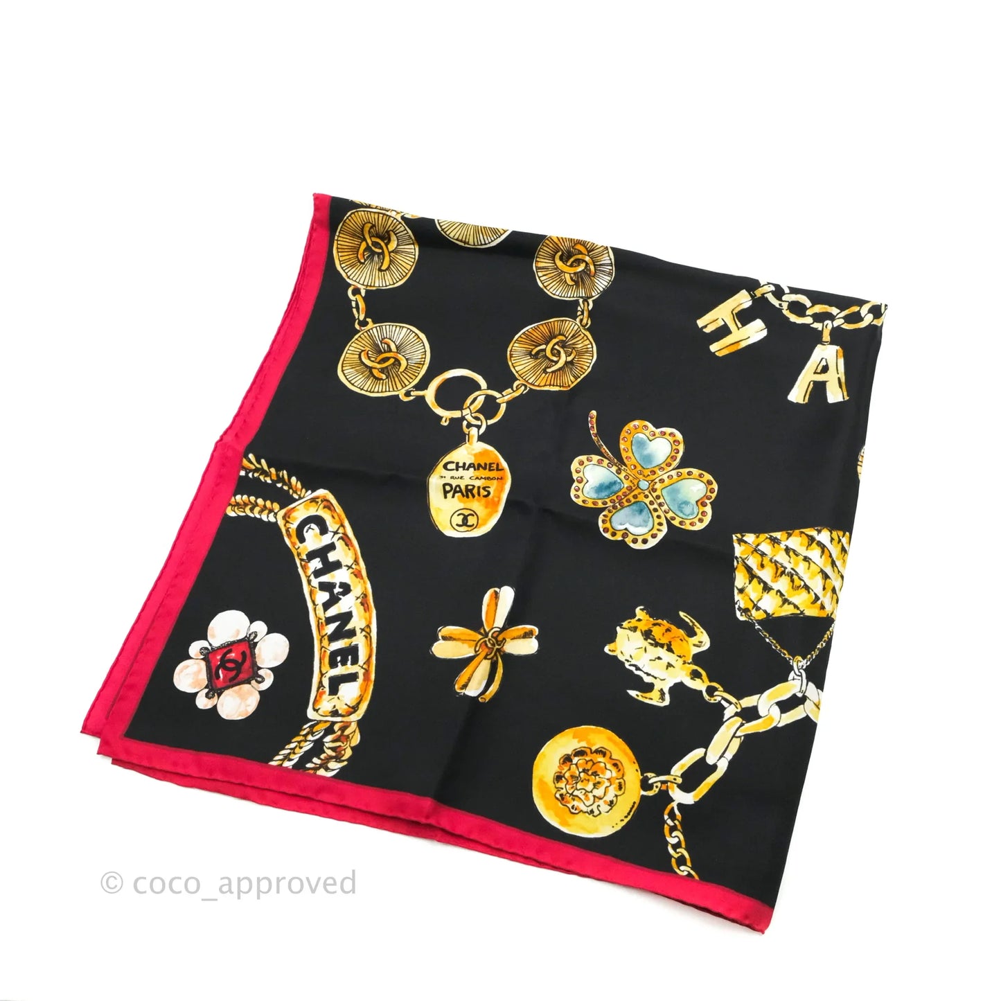 Chanel Square Silk Scarf Pink, Gold & Black