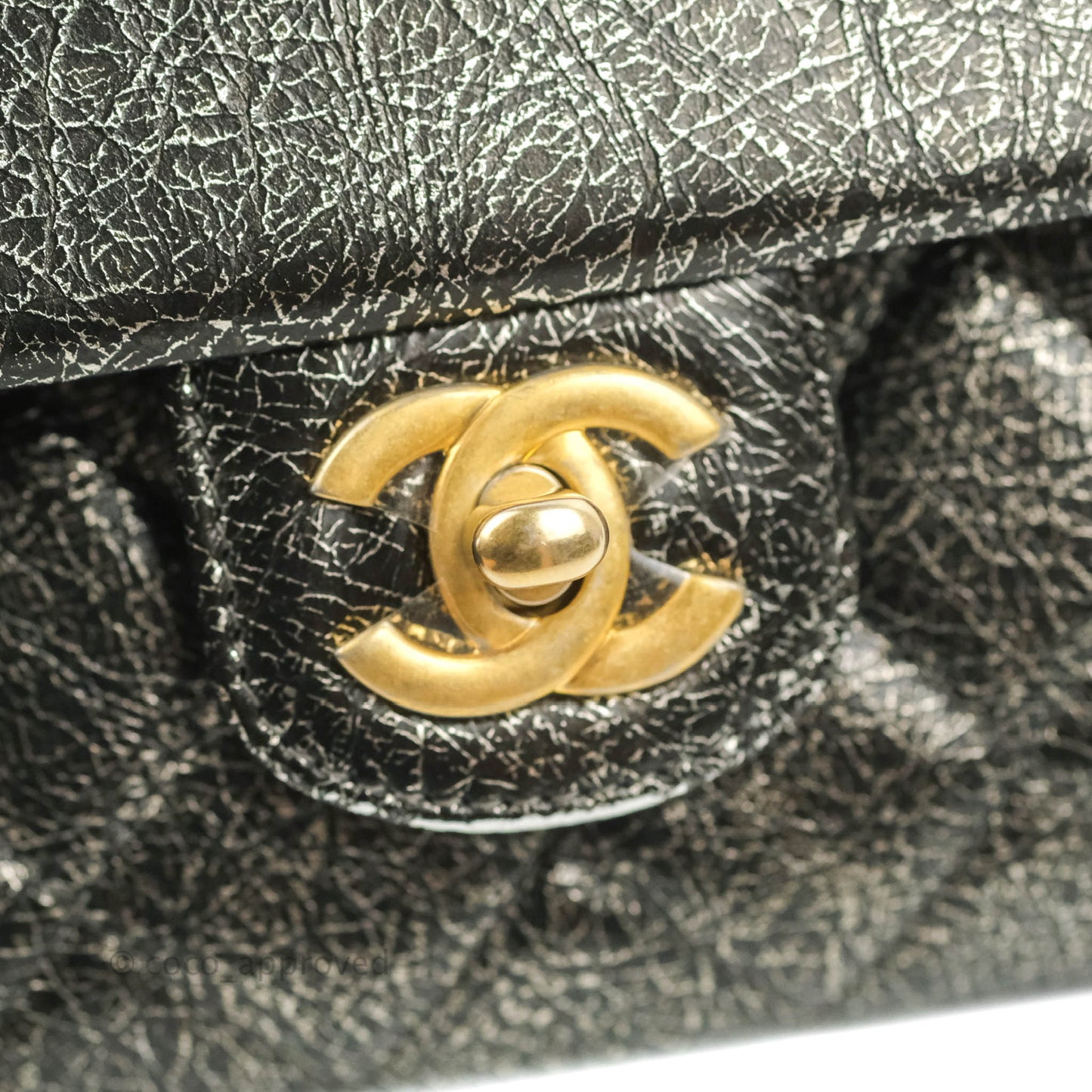 Chanel Cracked Metallic Calfskin Quilted Zip Away Chain Clutch Dark Silver Aged Gold Hardware