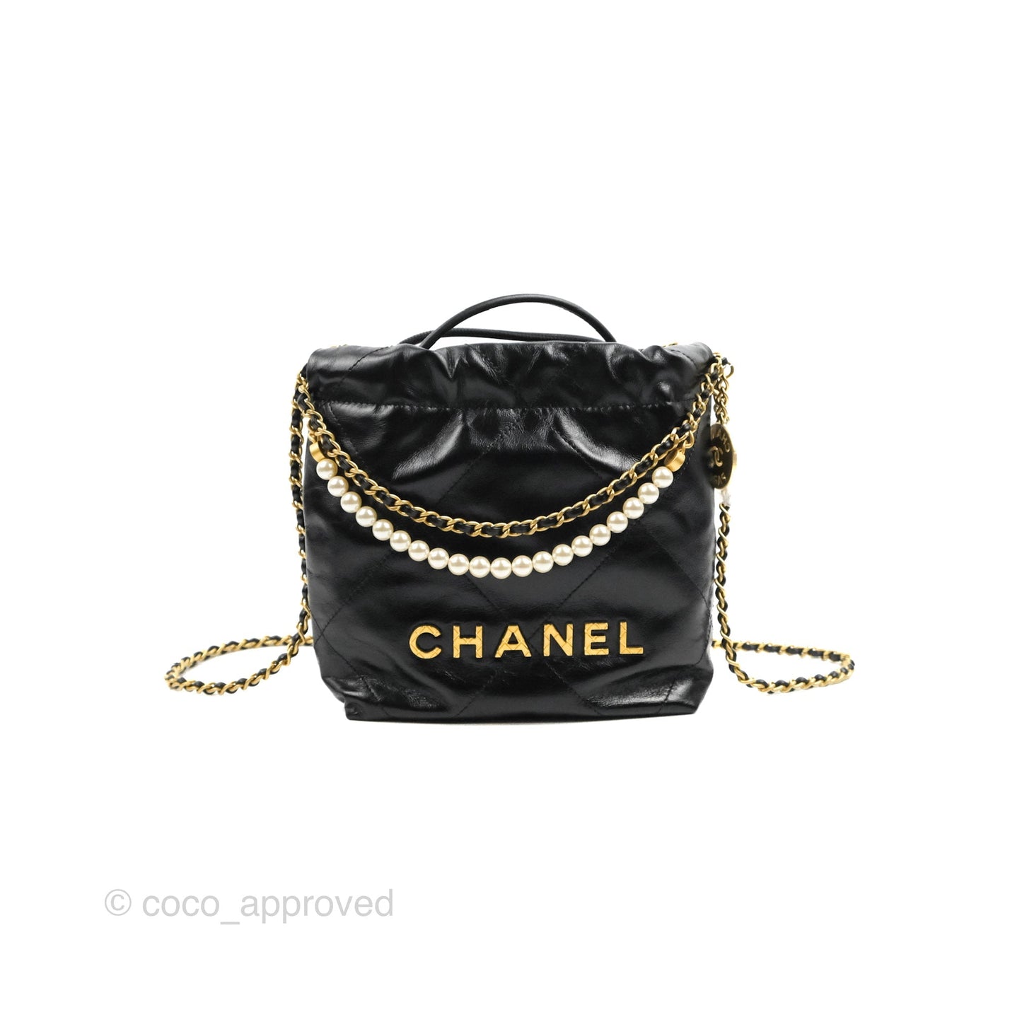Chanel 22 Mini Bag with Pearl Chain Black Shiny Crumpled Calfskin