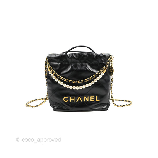 Chanel 22 Mini Bag with Pearl Chain Black Shiny Crumpled Calfskin