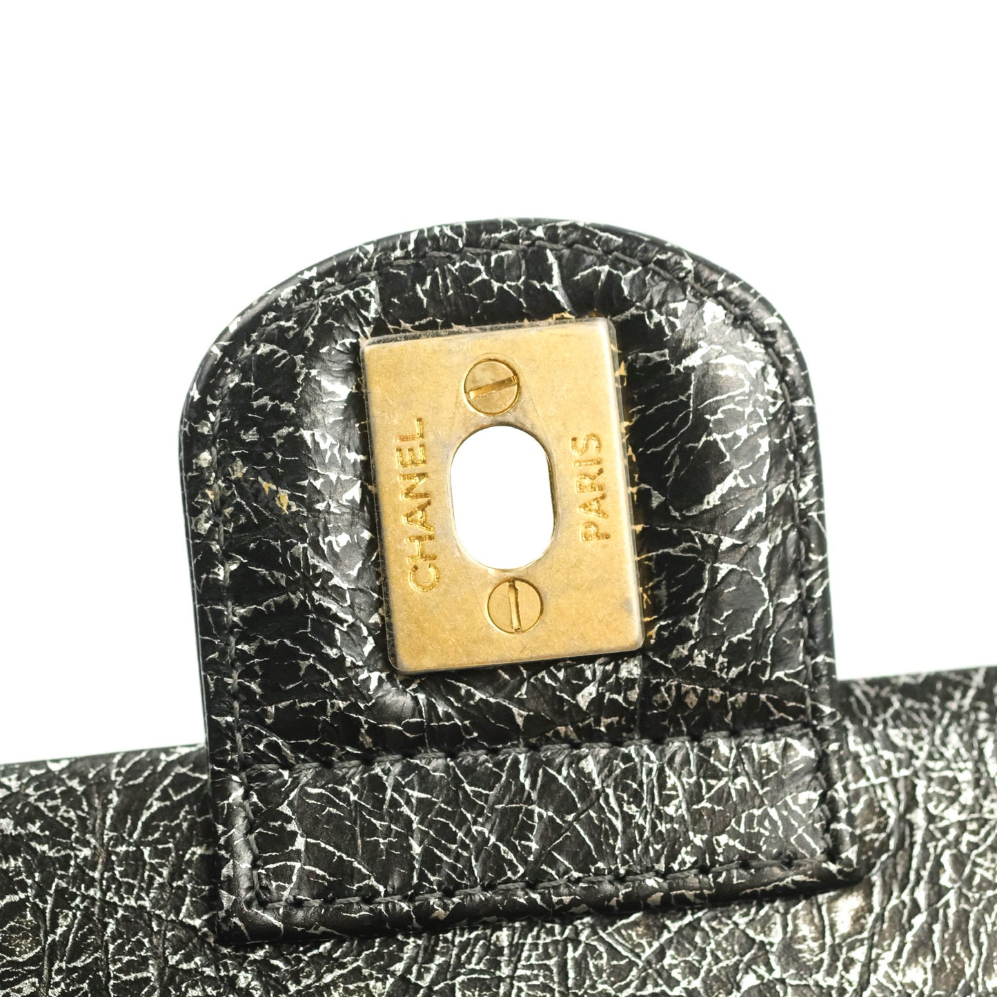 Chanel Cracked Metallic Calfskin Quilted Zip Away Chain Clutch Dark Silver Aged Gold Hardware