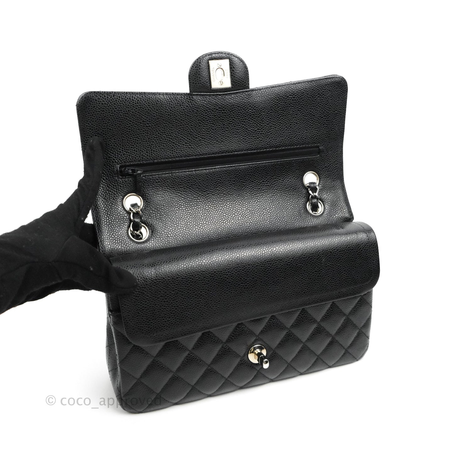 Chanel Classic M/L Medium Flap Quilted Black Caviar Silver Hardware