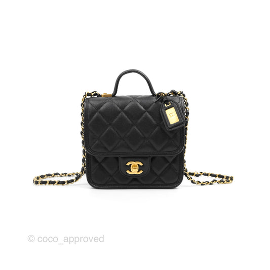 Chanel Mini School Memory Top Handle Flap Bag Black Caviar Aged Gold Hardware