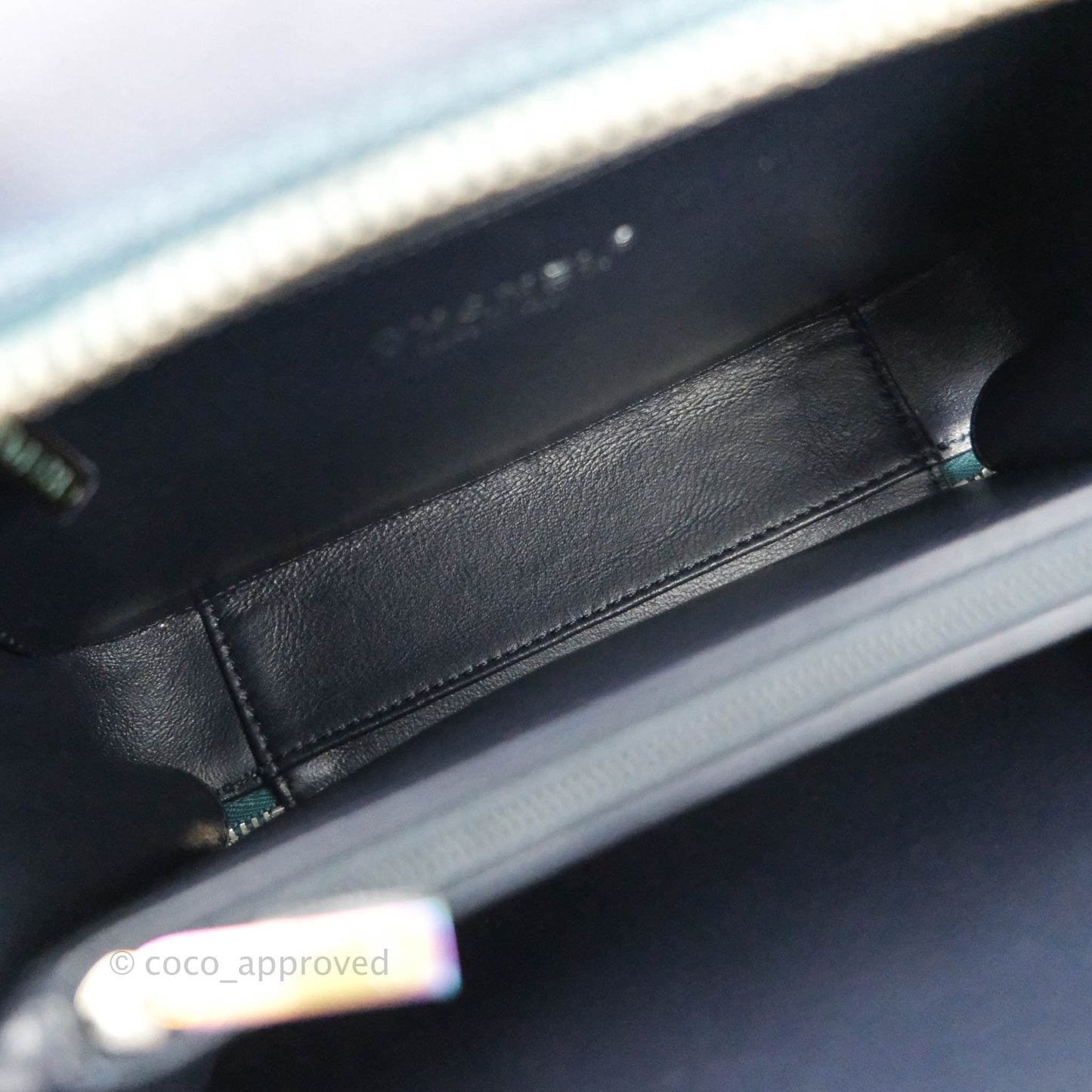 Chanel Quilted Medium CC Filigree Vanity Case Iridescent Dark Turquoise Caviar Rainbow Hardware