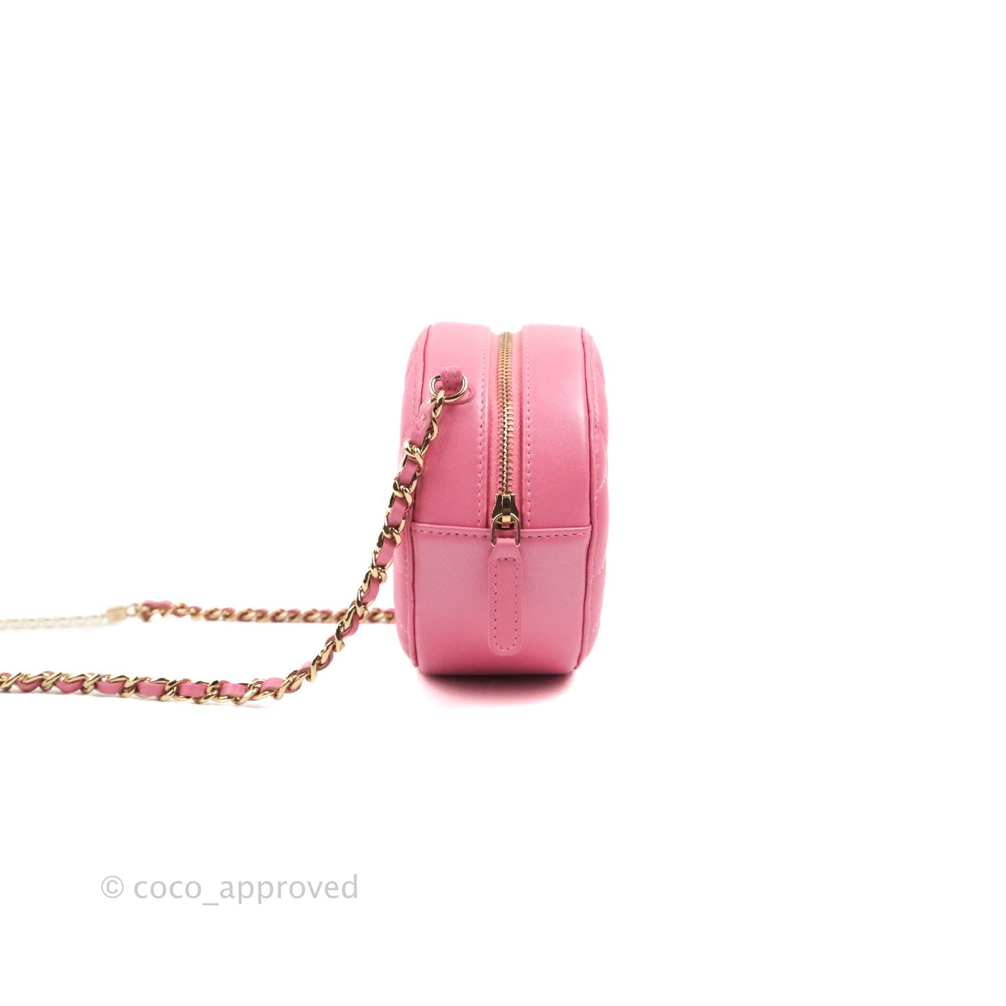 Chanel Quilted Round Clutch With Pearl Chain Iridescent Pink Lambskin Gold Hardware