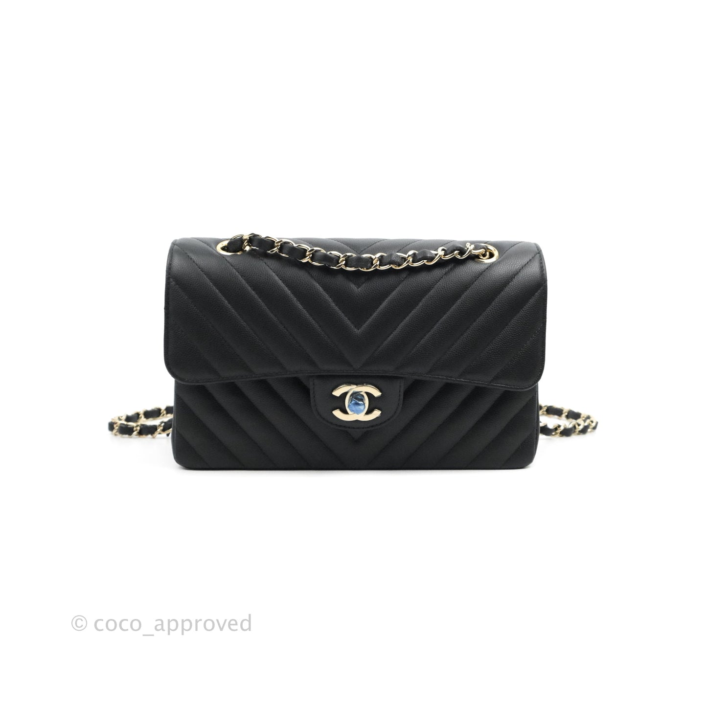 Chanel Classic Chevron S/M Small Double Flap Black Caviar Gold Hardware