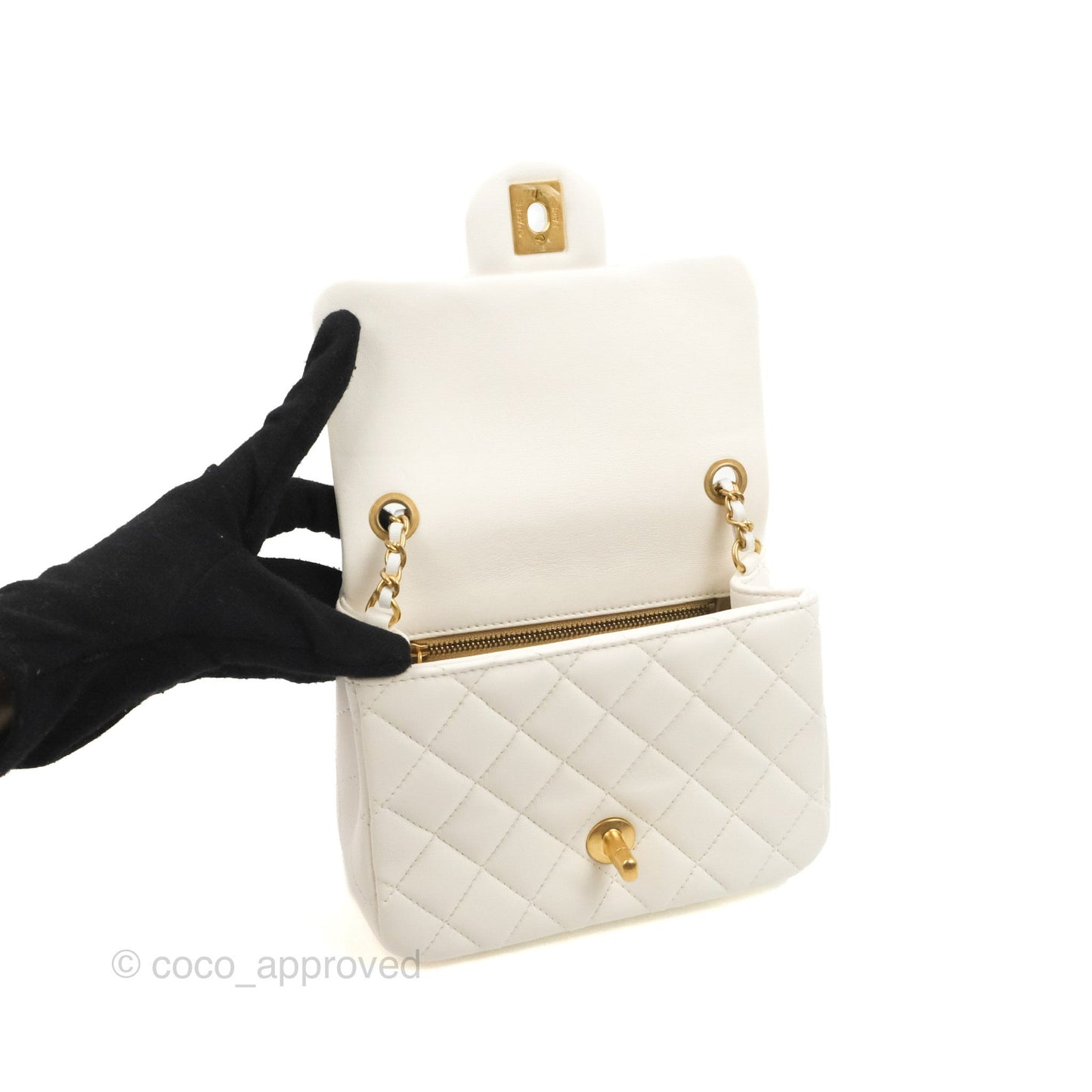 Chanel Mini Square Pearl Crush Quilted White Lambskin Aged Gold Hardware