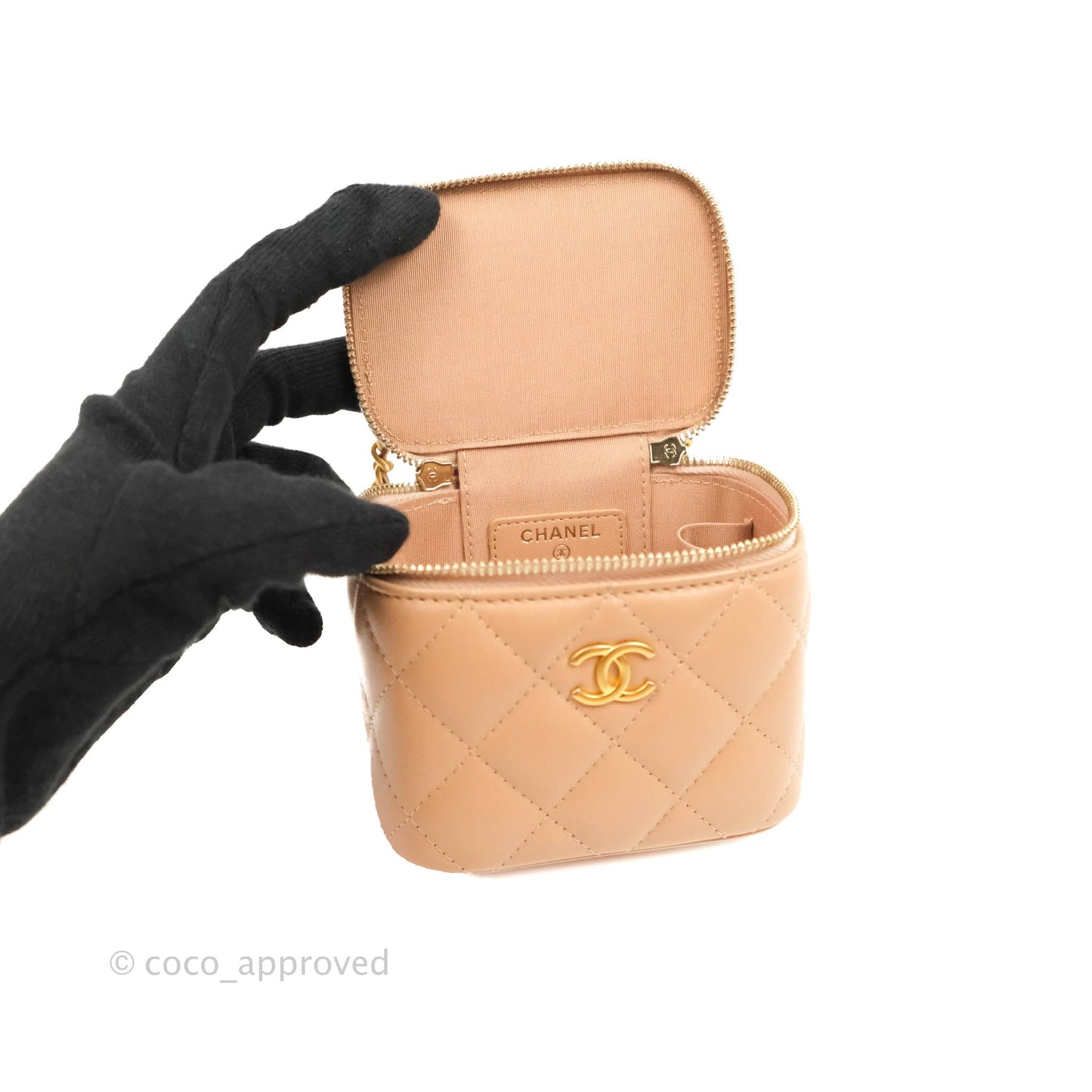 Chanel Mini Top Handle Vanity With Chain Beige Lambskin Aged Gold Hardware