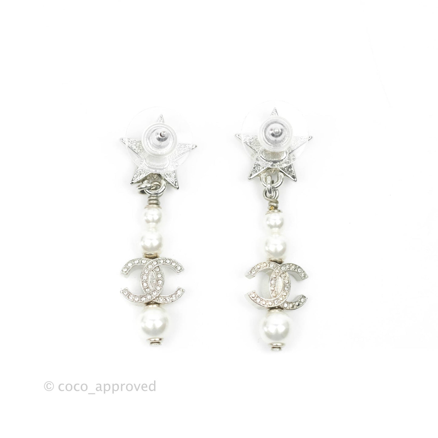 Chanel Crystal Pearl CC Star Drop Earrings Silver 20P