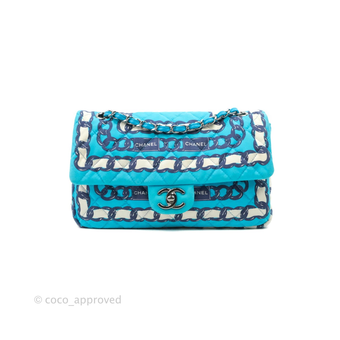 Chanel Medium Single Flap Chain Printed in Blue Silk Gun Metal