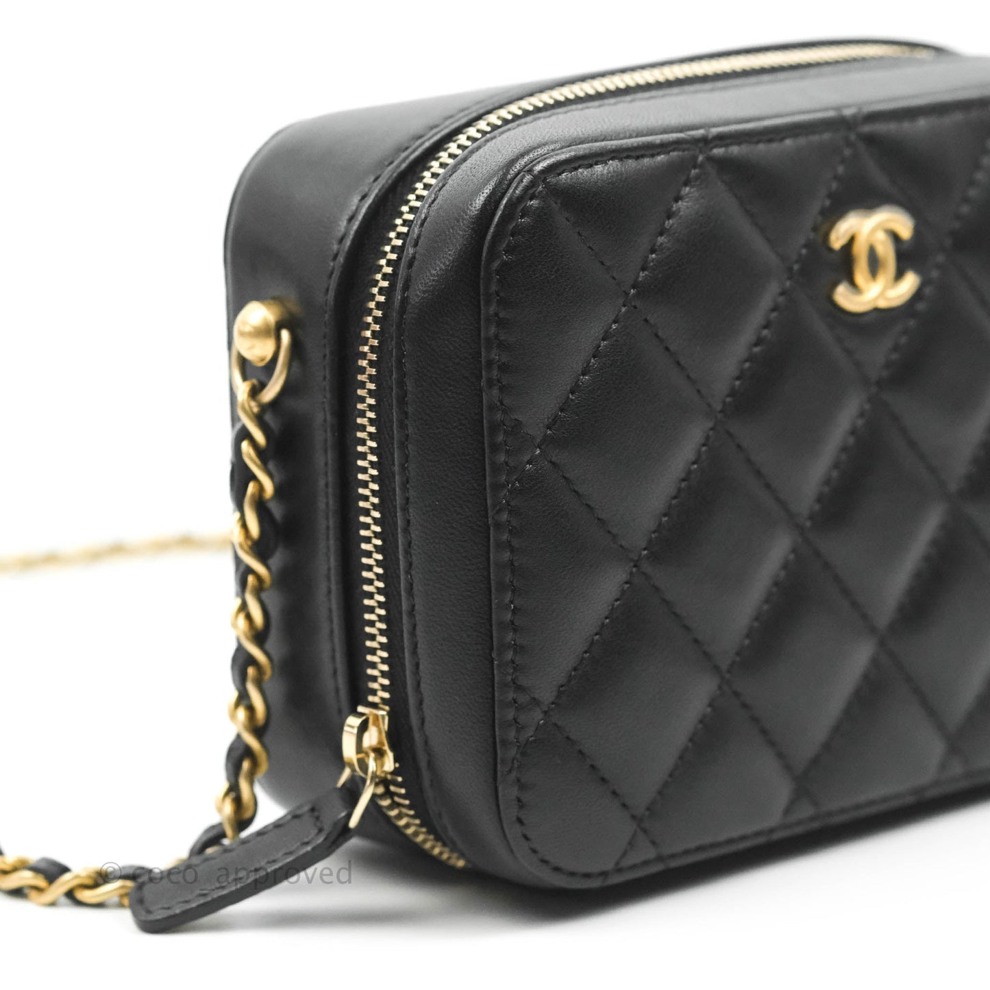 Chanel Mini Pearl Crush Quilted Camera Case Black Lambskin Aged Gold Hardware