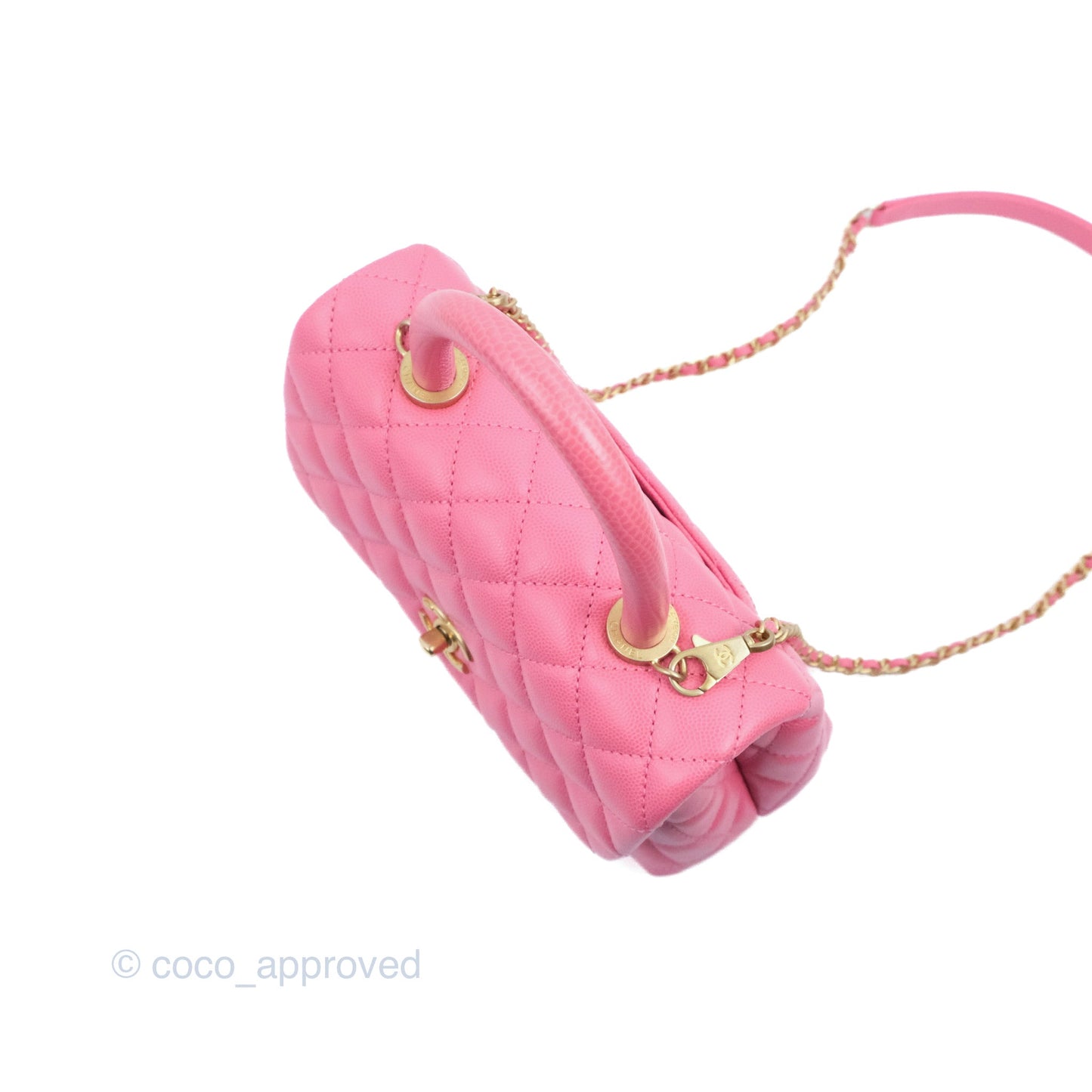 Chanel Small Coco Handle Quilted Pink Caviar Aged Gold Hardware Lizard Embossed Handle