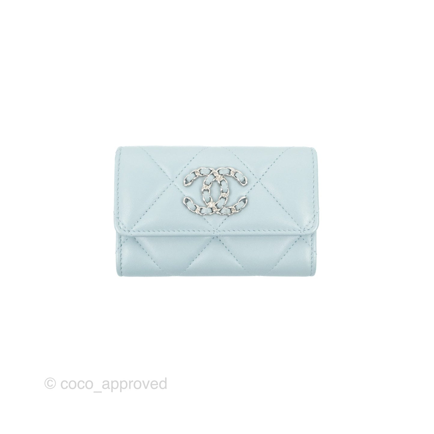 Chanel 19 Quilted Flap Card Holder Light Blue Lambskin