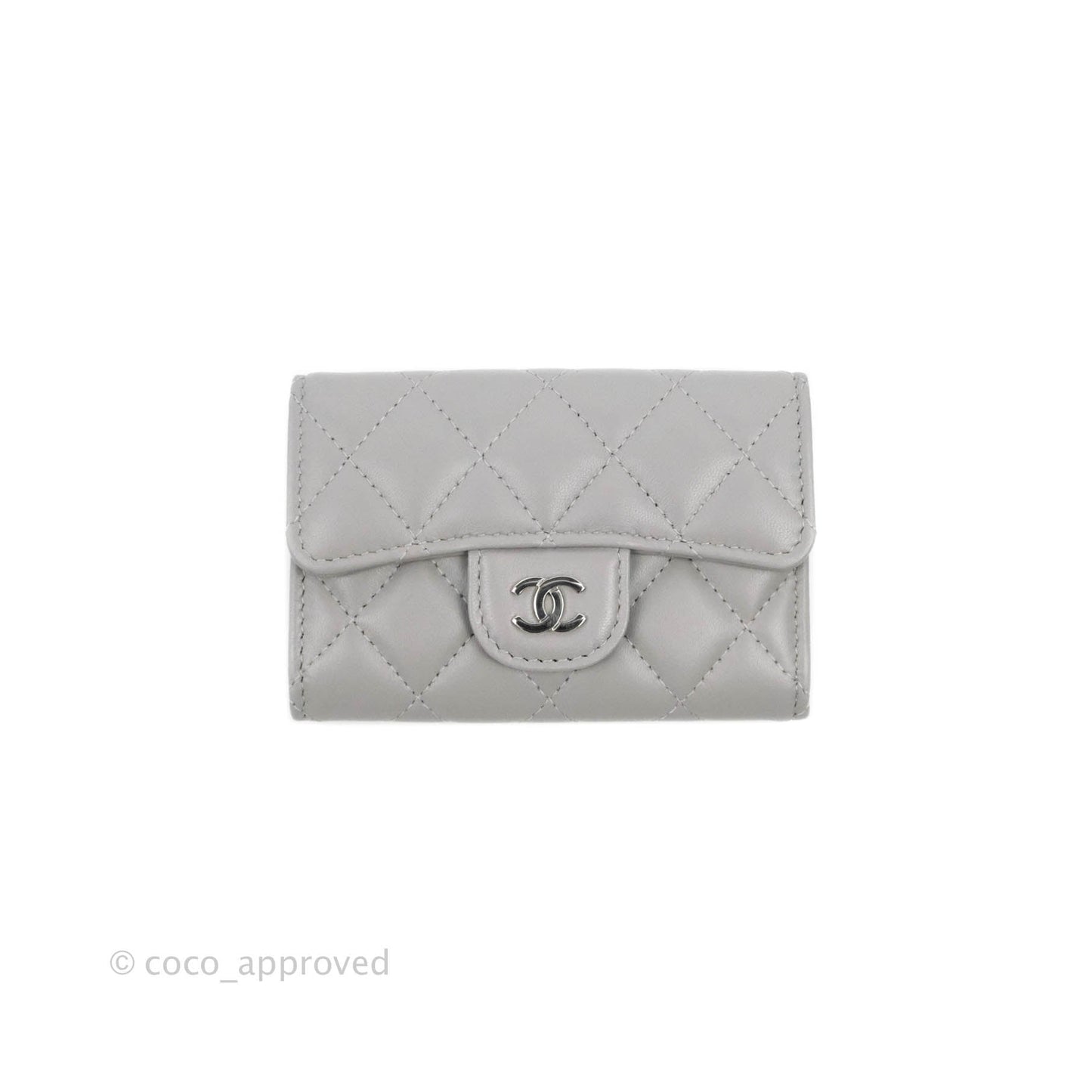 Chanel Quilted Flap Card Holder Grey Lambskin Silver Hardware