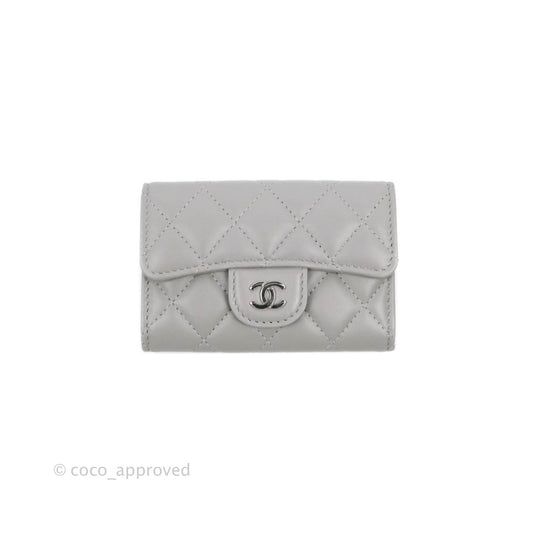 Chanel Quilted Flap Card Holder Grey Lambskin Silver Hardware