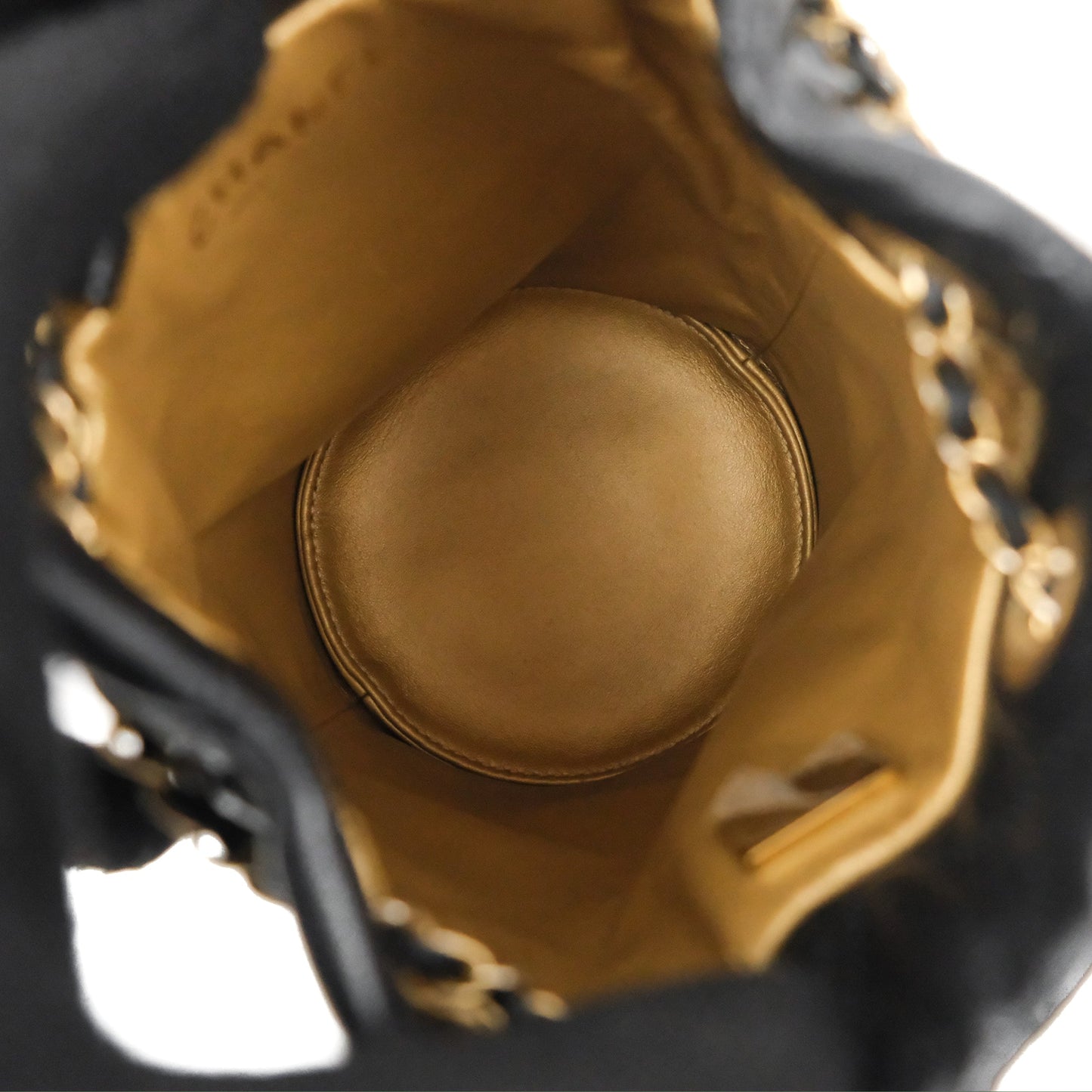 Chanel Pearl Crush Bucket Bag Black Lambskin Aged Gold Hardware 22S