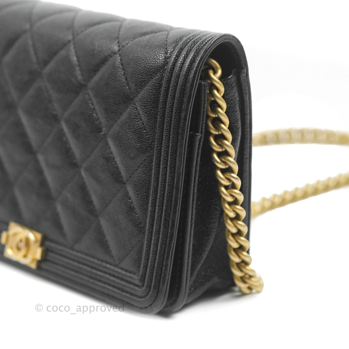 Chanel Quilted Boy Wallet on Chain WOC Black Caviar Aged Gold Hardware