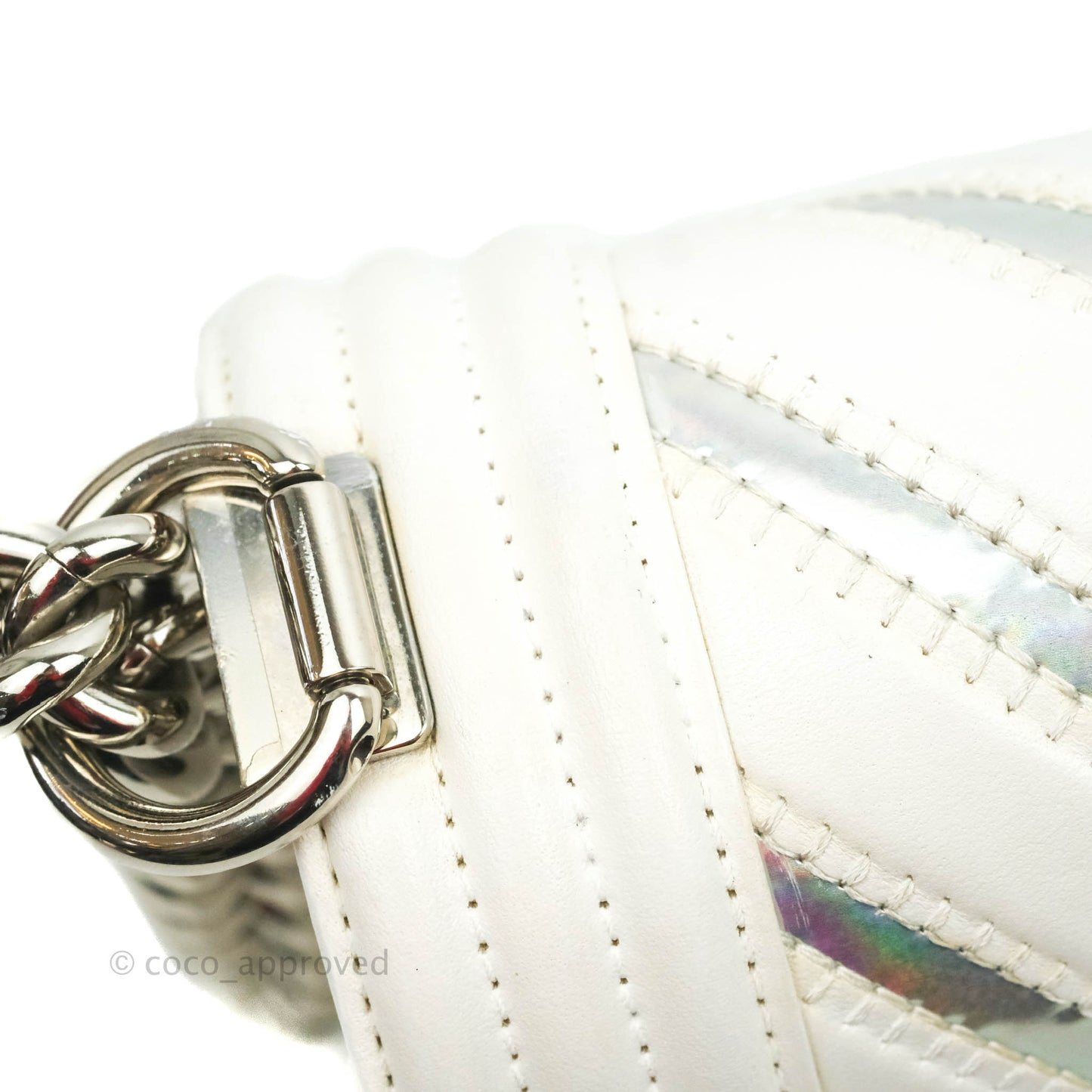 Chanel Quilted Medium Boy Flap Iridescent Chevron White Lambskin Silver Hardware
