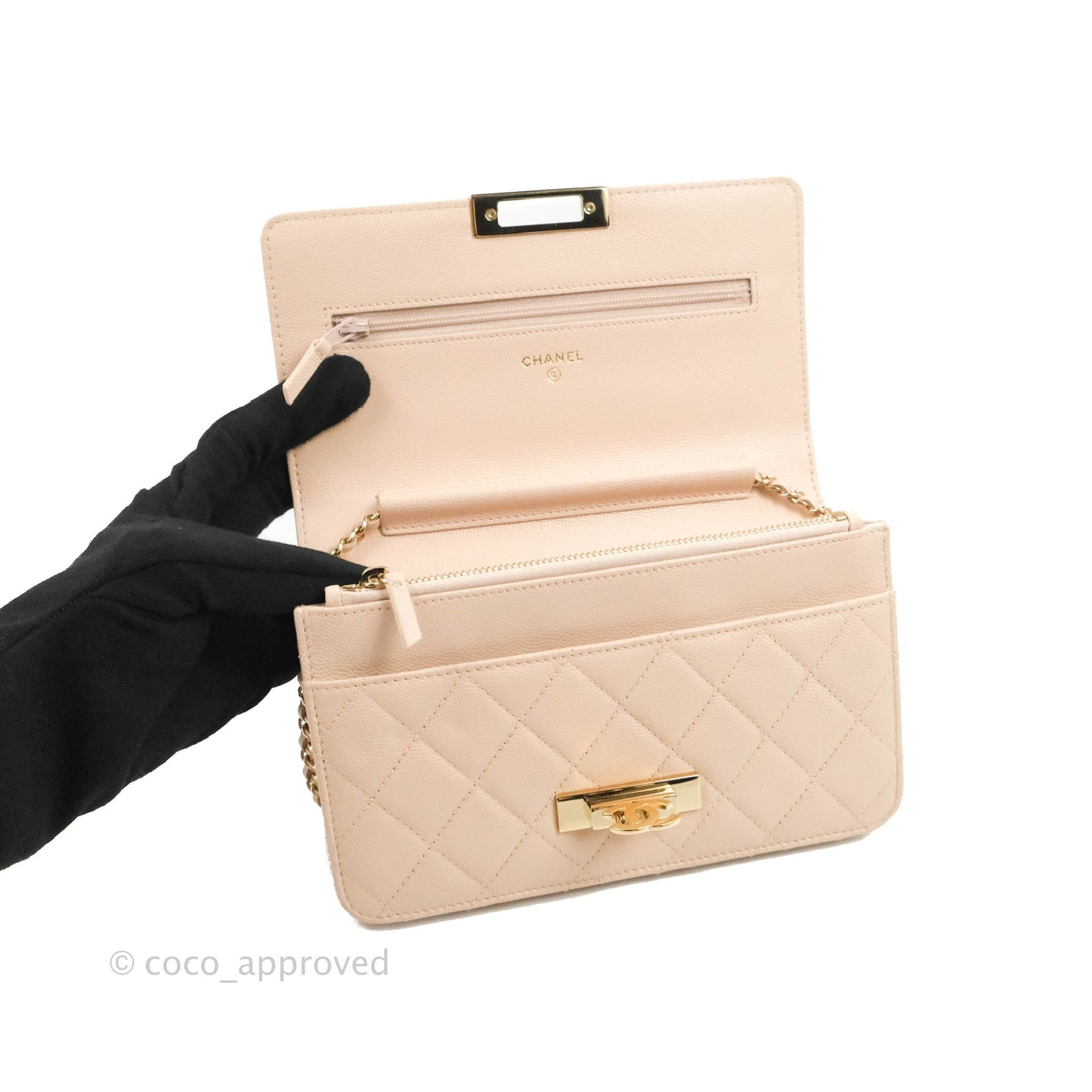 Chanel Quilted Golden Class Wallet on Chain WOC Light Beige Caviar Gold Hardware