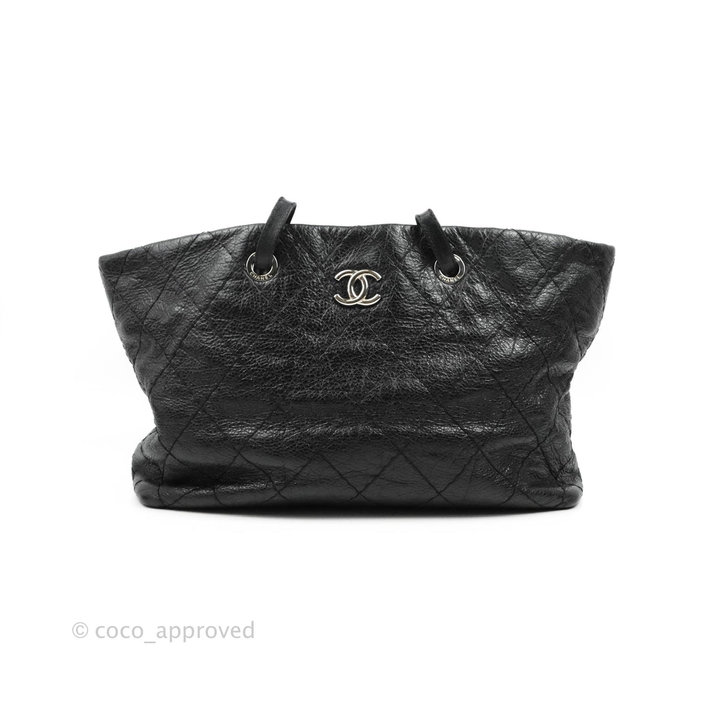 Chanel CC Flat Quilted Crumpled Calfskin Tote Bag Black Silver Hardware