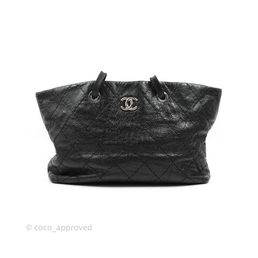 Chanel CC Flat Quilted Crumpled Calfskin Tote Bag Black Silver Hardware