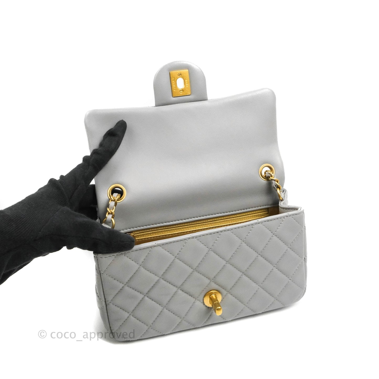 Chanel Mini Rectangular Pearl Crush Quilted Grey Lambskin Aged Gold Hardware