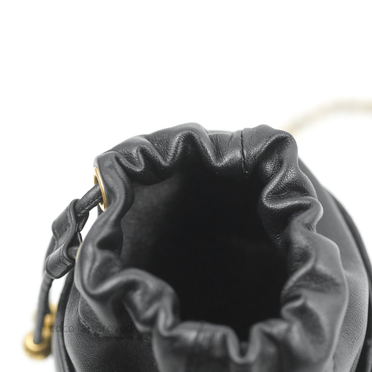 Chanel Quilted Drawstring Pearl Flower Bucket Bag Black Lambskin Aged Gold Hardware