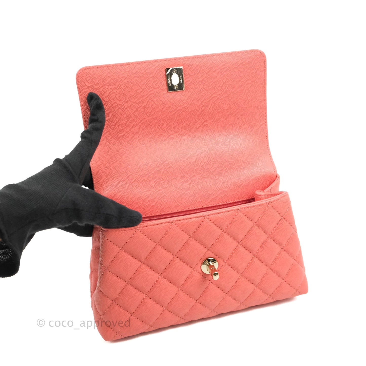 Chanel Small Quilted Coco Handle Coral Pink Caviar Gold Hardware