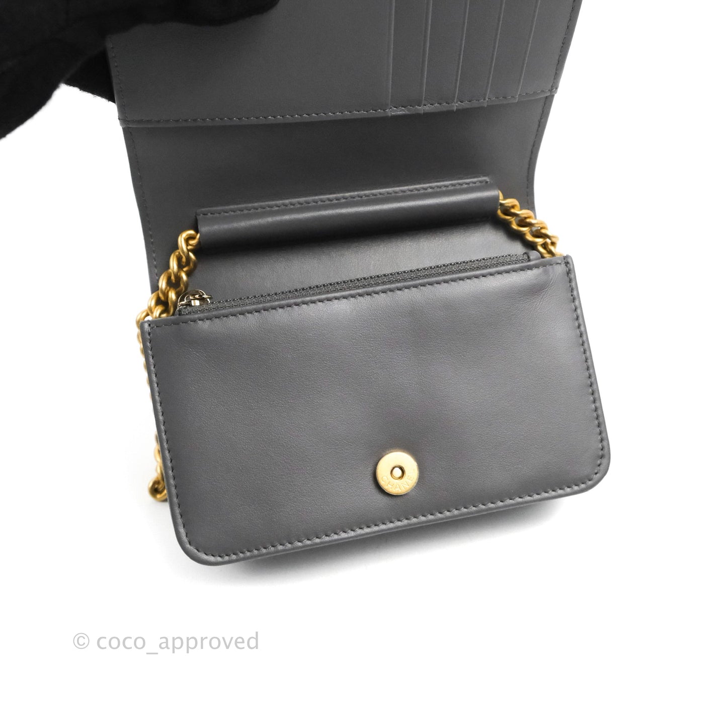 Chanel Quilted Mini Boy Wallet on Chain WOC Dark Grey Caviar Aged Gold Hardware