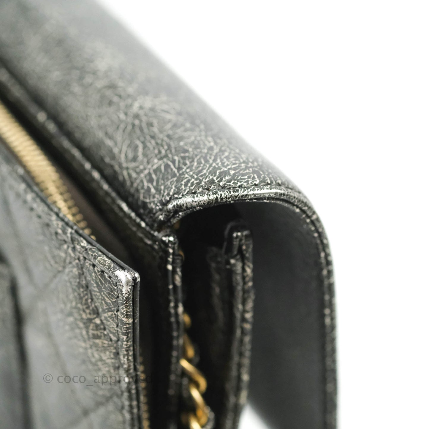 Chanel Cracked Metallic Calfskin Quilted Zip Away Chain Clutch Dark Silver Aged Gold Hardware